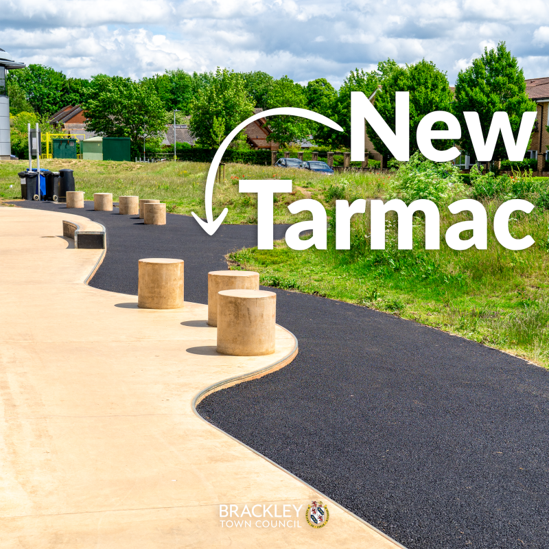 Photo showing the new tarmac surface around the Brackley Skatepark with text that reads 'New Tarmac' with an arrow that points to the tarmac, and the 