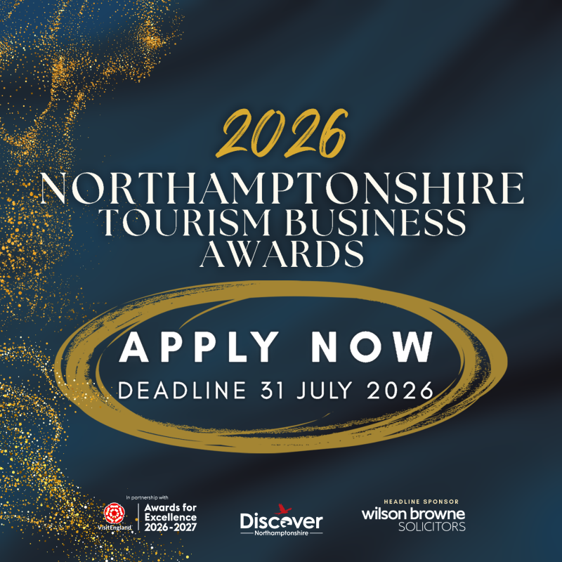 Promotional graphic for the 2026 Northamptonshire Tourism Business Awards with gold decorative accents on a dark blue background. Text reads: 