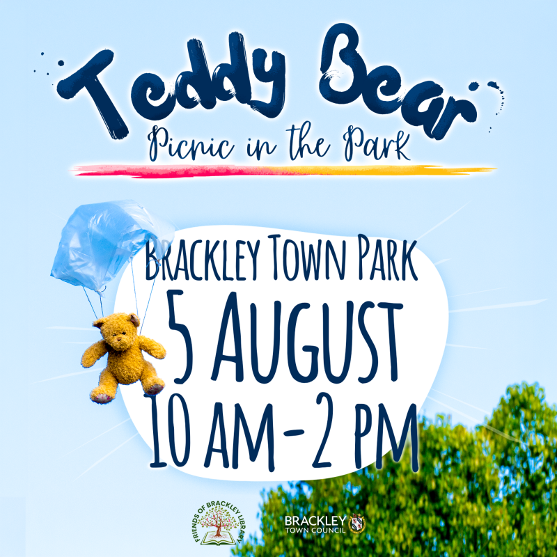Title image for “Teddy Bear Picnic in the Park” at Brackley Town Park. A teddy bear hangs beneath a blue parachute on the left. Large text in the 