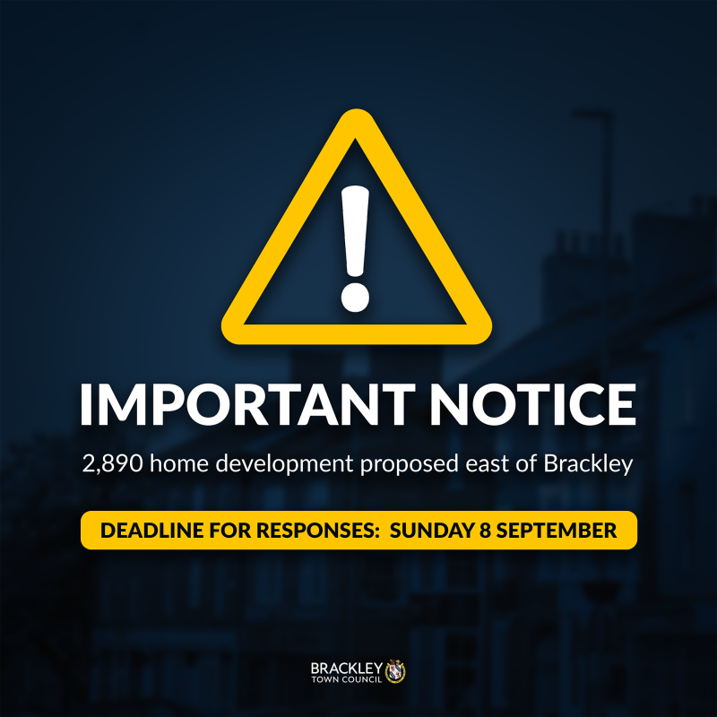 Dark navy blurred background featuring a yellow warning graphic and white text reading “IMPORTANT NOTICE: 2,890-home development proposed east of Br