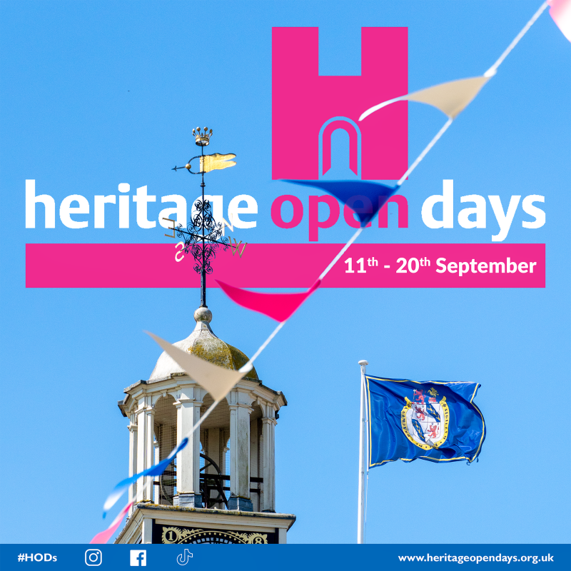 Photo of Brackley Town Hall with the Heritage Open Days logo and subheading with dates 11–20 September.