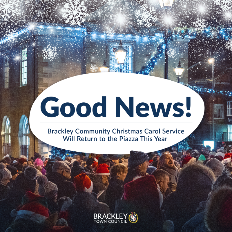 Photo of the Brackley Community Christmas Carol Service, with white oval graphic containing text that reads 'Good News! Brackley Community Christmas C