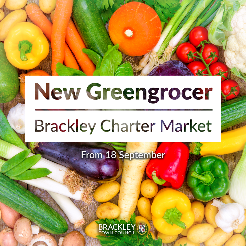 Photo of vegetables with text that reads 'New Greengrocer, Brackley Charter Market'.