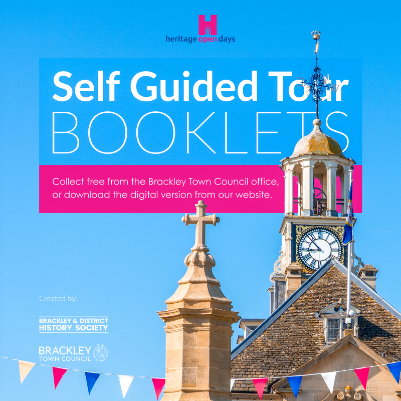 Photo of Brackley Town Hall against a blue sky. Heritage Open Days logo at the top, with white title text that reads 'Self-Guided Tour Booklets' and s