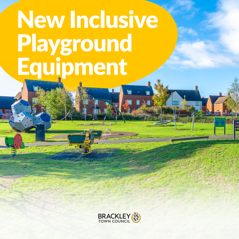 Photo of Poppyfields Park with white text that reads 'New Inclusive Play Equipment'.