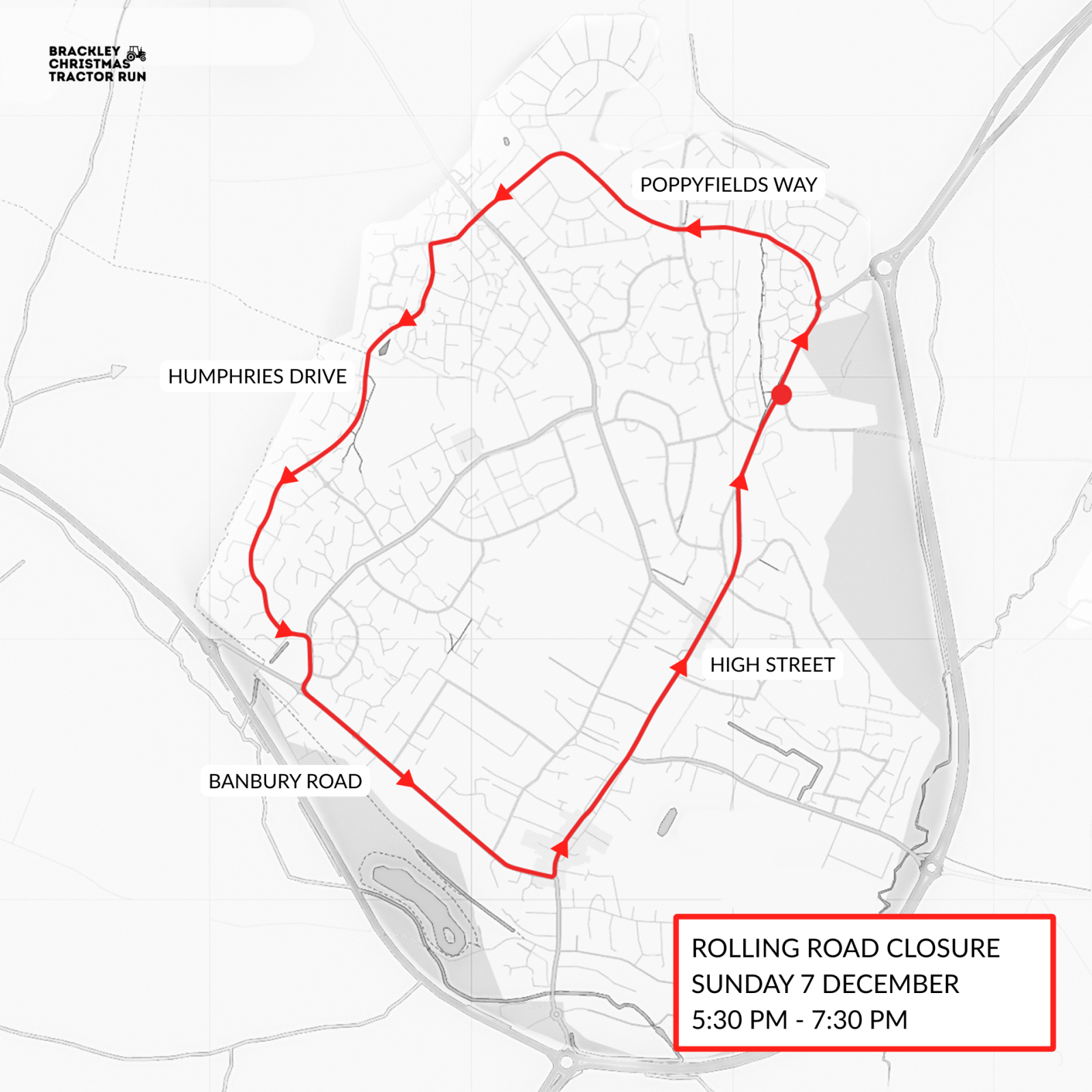 A map that shows which roads will be closed during the upcoming Tractor Run Event on 7 December 2025.